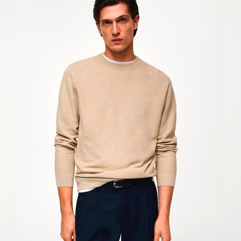 MANGO MAN Men's Tan Textured Casual Sweater Large